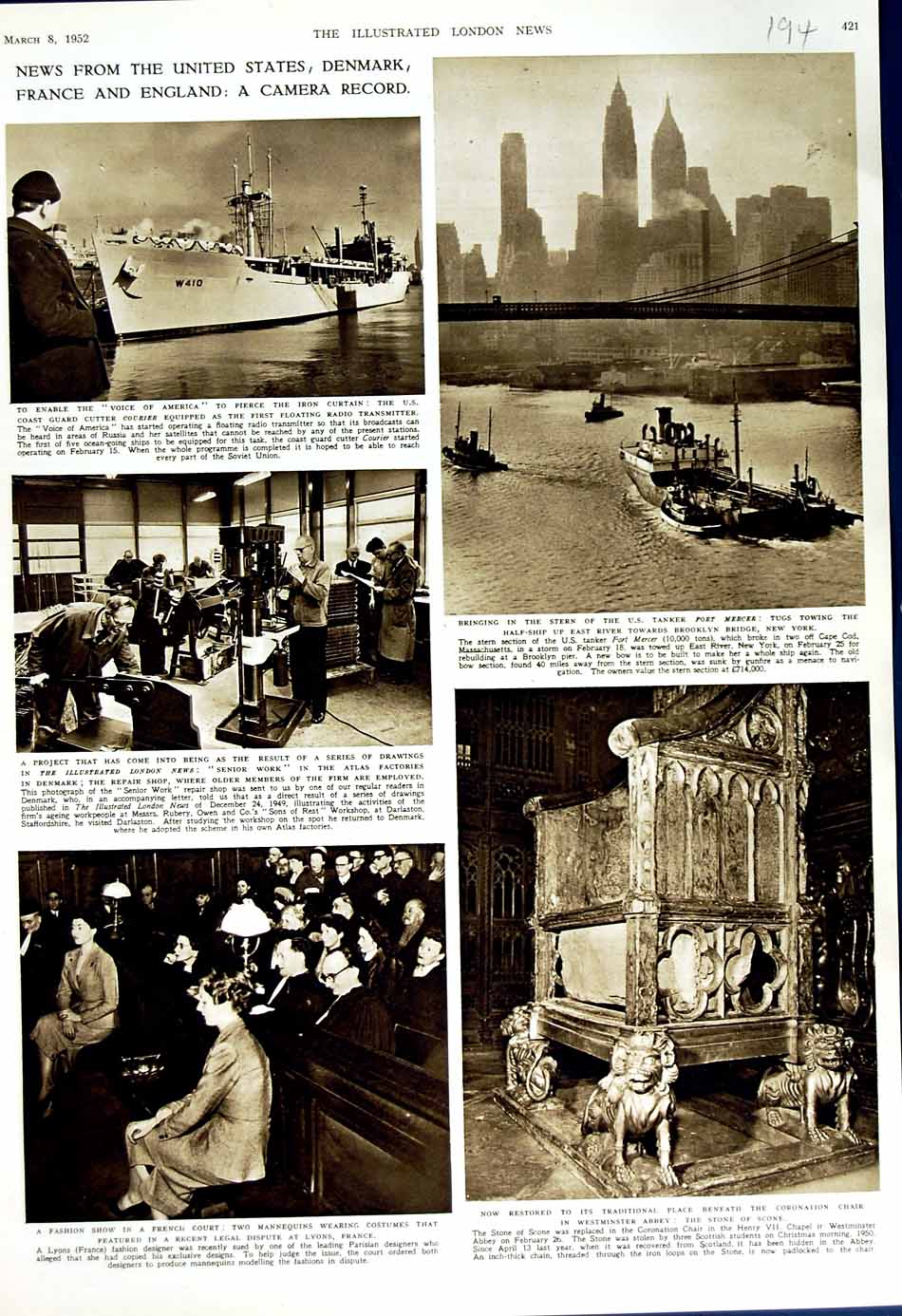 Original Old Vintage Print 1952 Westminster Coronation Chair Lyons France Ship