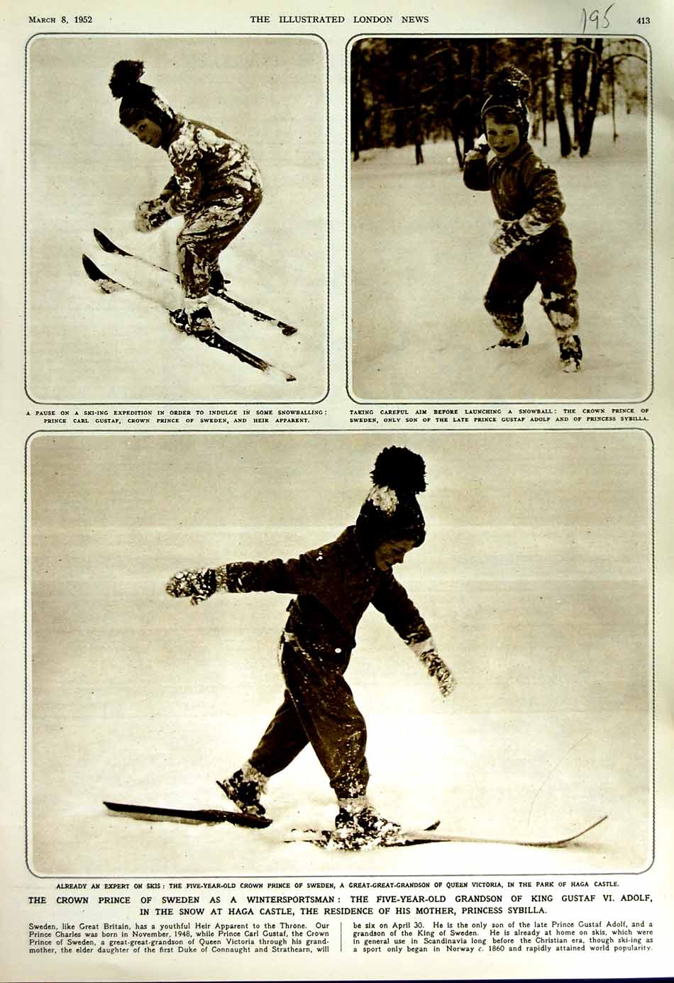 Original Old Vintage Print 1952 Prince Sweden Winter Sport Ski-Ing Haga Castle