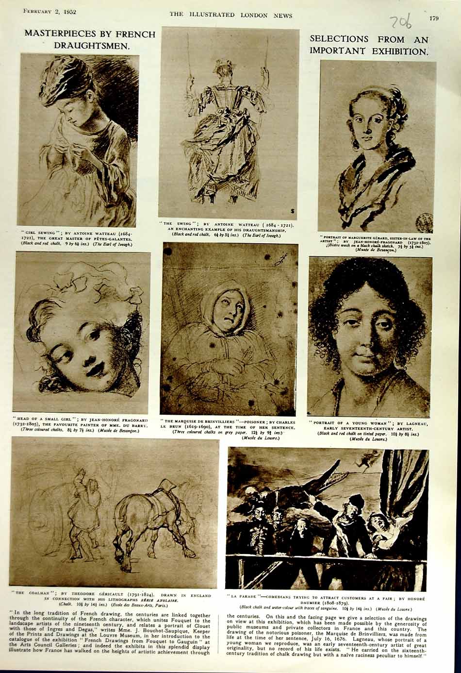 Original Old Vintage Print 1952 Art Exhibition Watteau Fragonard Brun Daumier