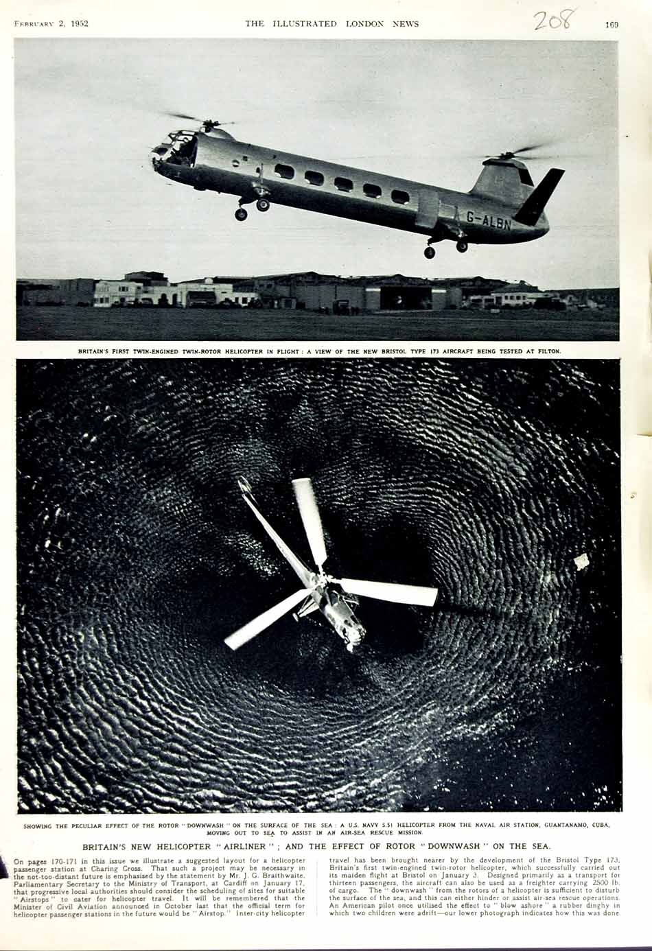 Original Old Vintage Print 1952 Britain New Helicopter Airliner Bristol Filton