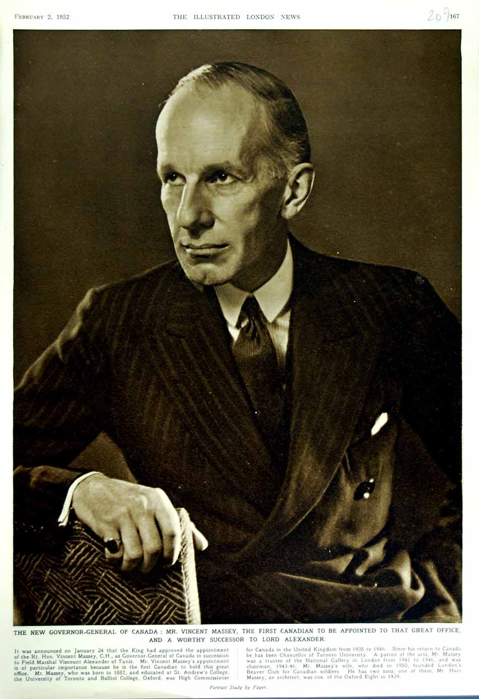 Original Old Vintage Print 1952 Governor-General Canada Mr Vincent Massey 20th