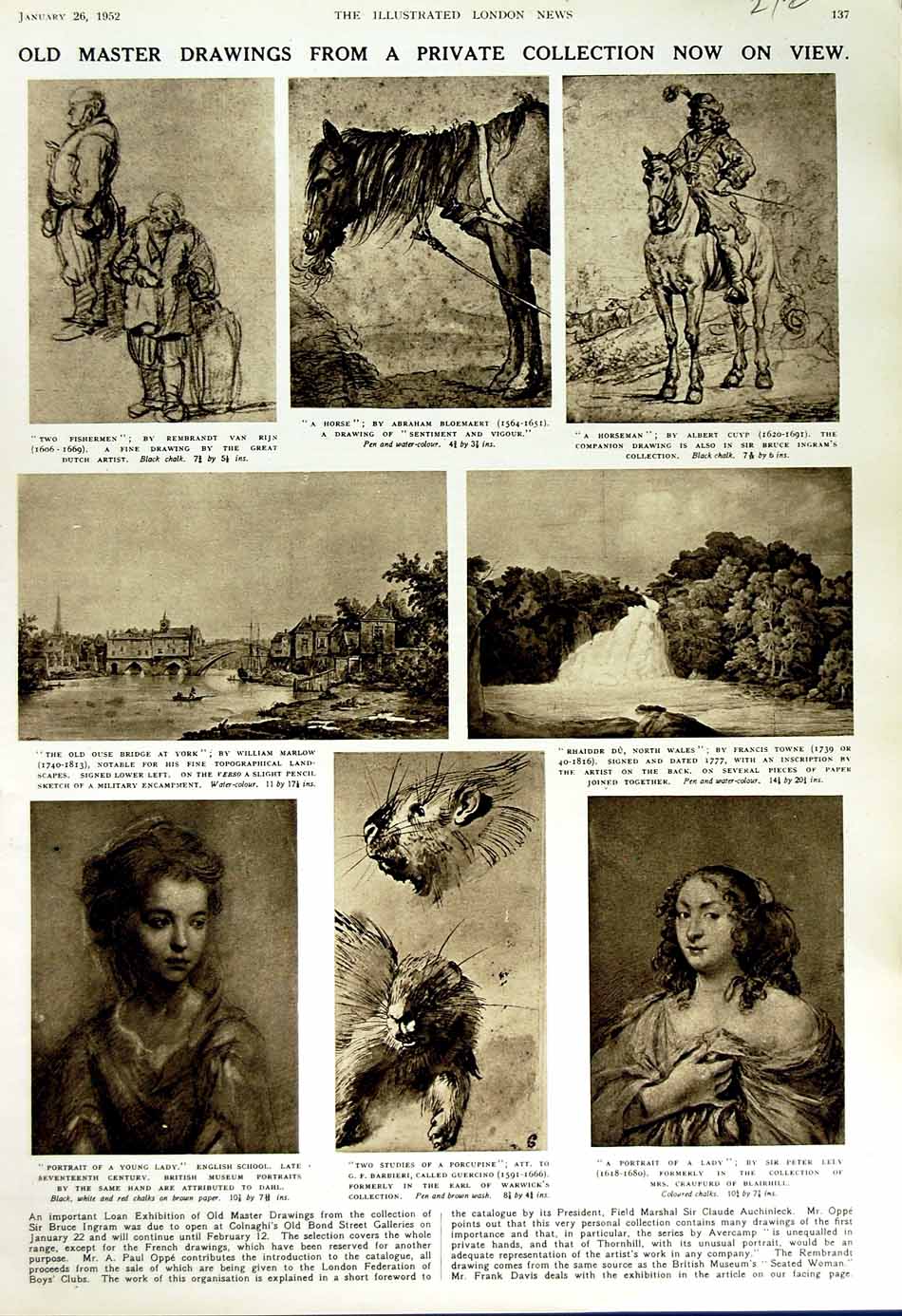 Original Old Vintage Print 1952 Art Drawings Lely Towne Marlow Fishermen Horse