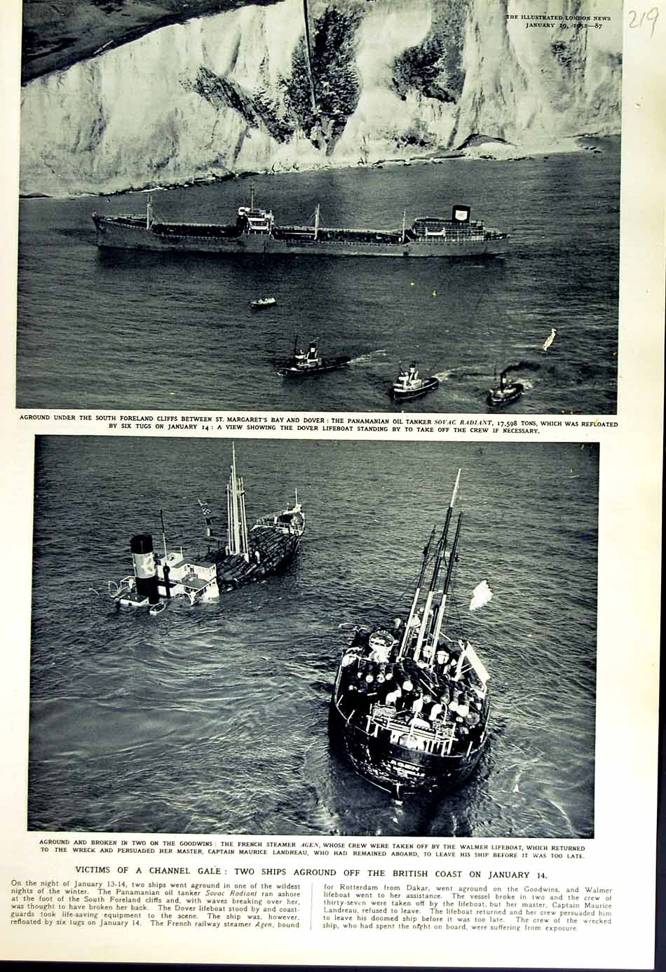 Original Old Vintage Print 1952 Channel Margaret'S Bay Dover Sovac Agen Walmer