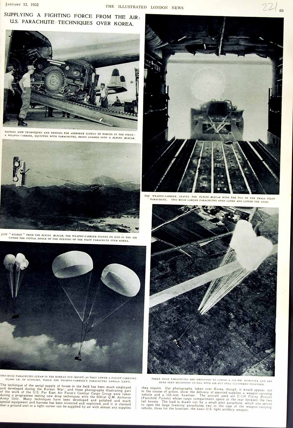 Old Vintage Print 1952 Parachute Experiments Korea Flying Boxcar Howitzer 20th