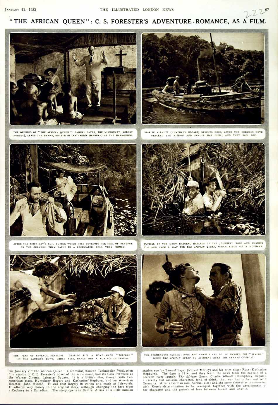 Original Old Vintage Print 1952 African Queen Forester Romance Film Cinema 20th