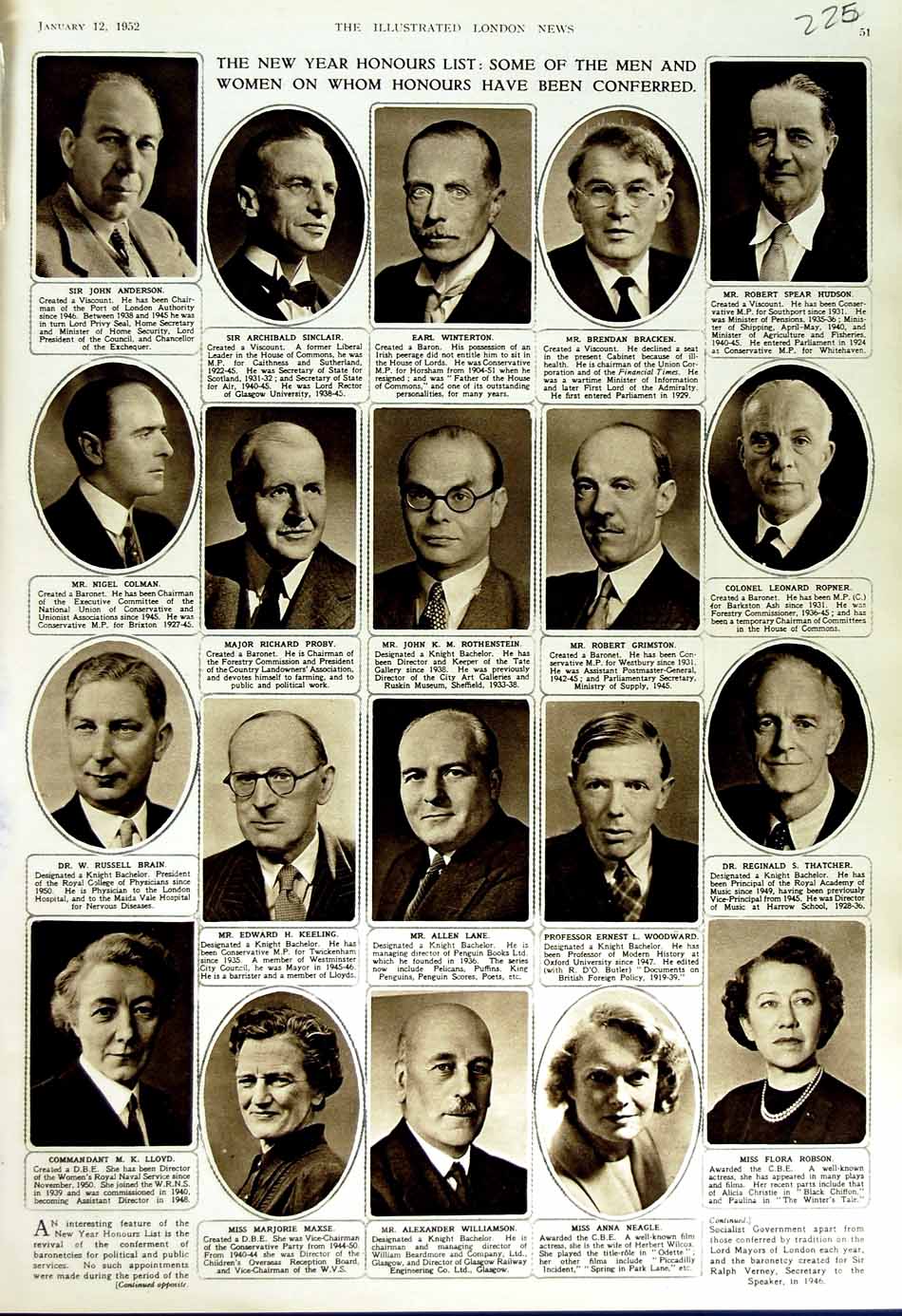 Original Old Vintage Print 1952 New Year Honour List Colman Neagle Robson Lloyd