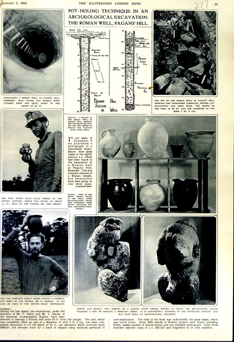 Old Vintage Print 1952 Archaeology Pagan'S Well Roman Carved Stone Animal 20th