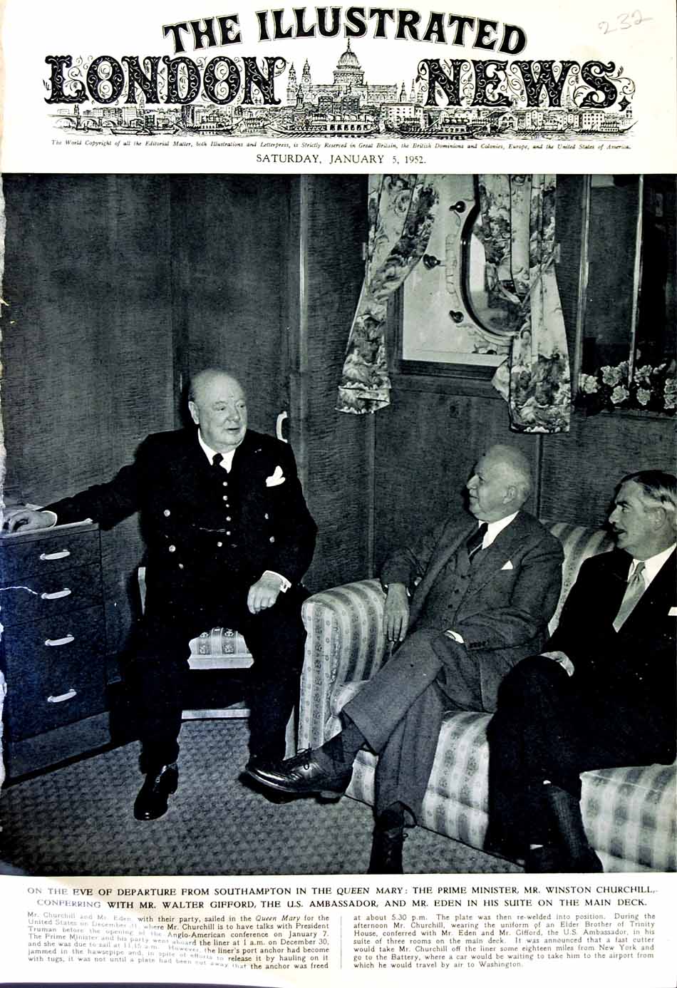 Original Old Vintage Print 1952 Winston Churchill Walter Gifford Eden Ship Mary