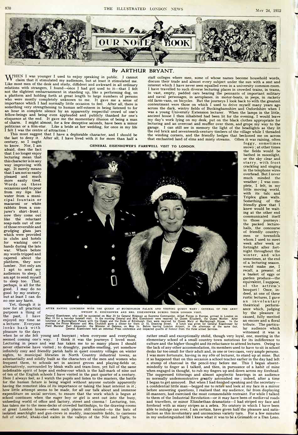 Old Vintage Print 1952 Queen Elizabeth Duke Edinburgh Chelsea Eisenhower 20th