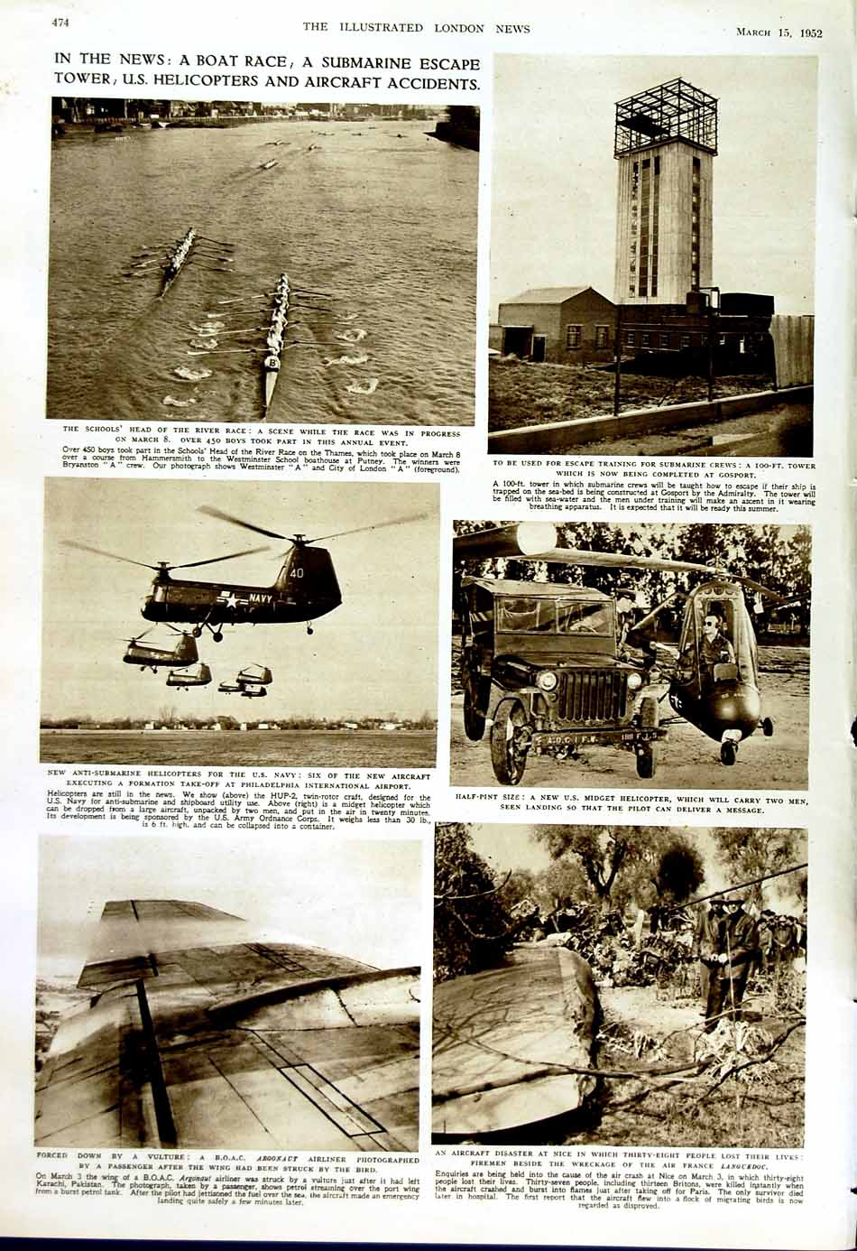 Antique Old Print 1952 Ship Kenya Castle British Talent Bowen Helicopters 20th