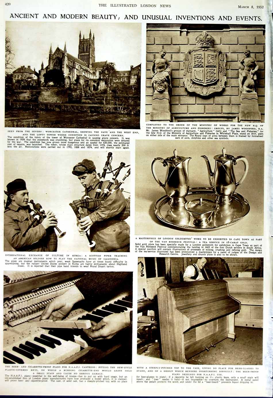 Old Vintage Print 1952 London Buses Carney King'S Chapel Gibraltar Music 20th