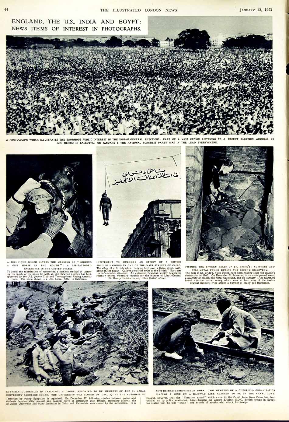 Antique Old Print 1952 Winston Churchill President Truman War India Cairo 20th