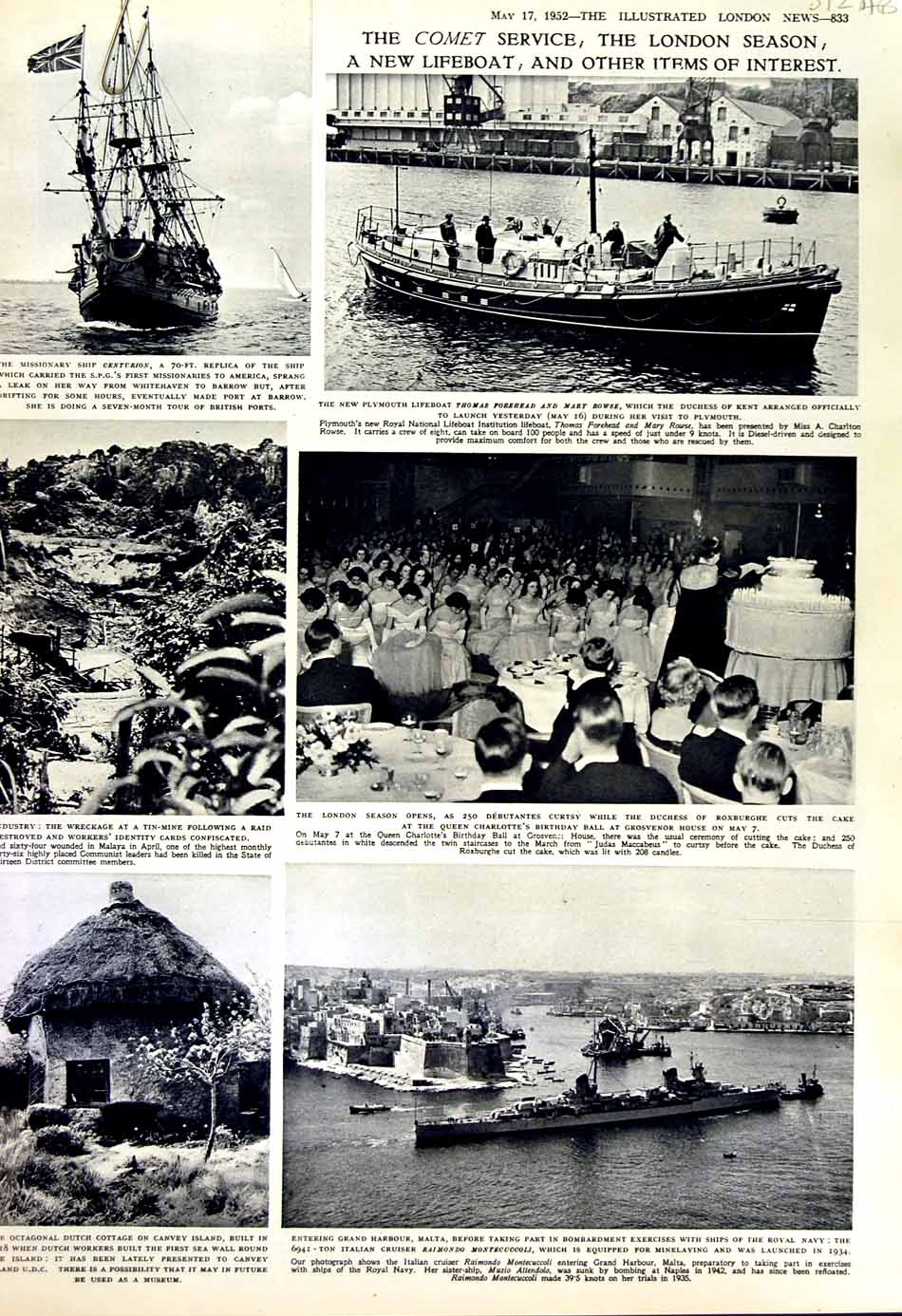 Old Vintage Print 1952 Comet London Lifeboat Jet Airliner Gothic Malta 20th