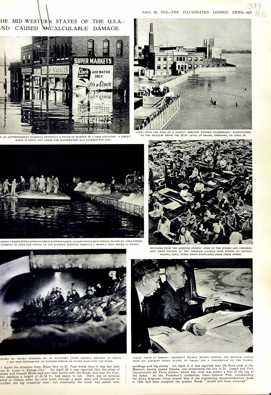 Original Old Vintage Print 1952 President Truman Missouri Floods America Iowa