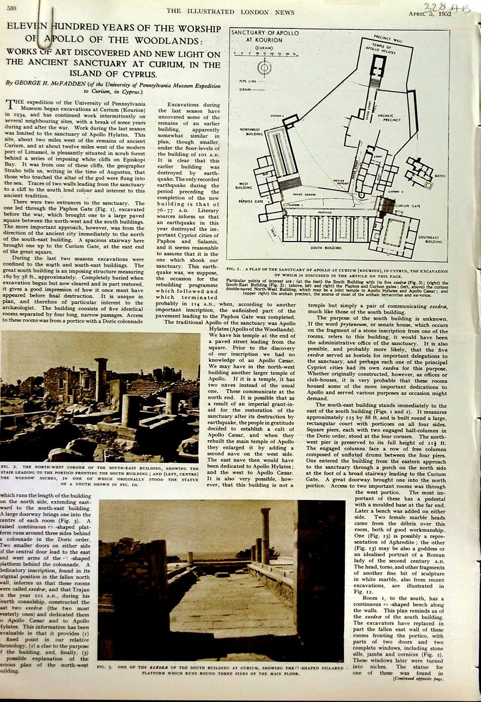 Old Vintage Print 1952 Plan Sanctuary Apollo Curium Cyprus Archaeology 20th
