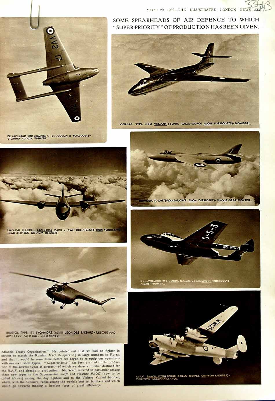 Original Old Vintage Print 1952 Helicopter Turbojet Aircraft Vampire Hercules