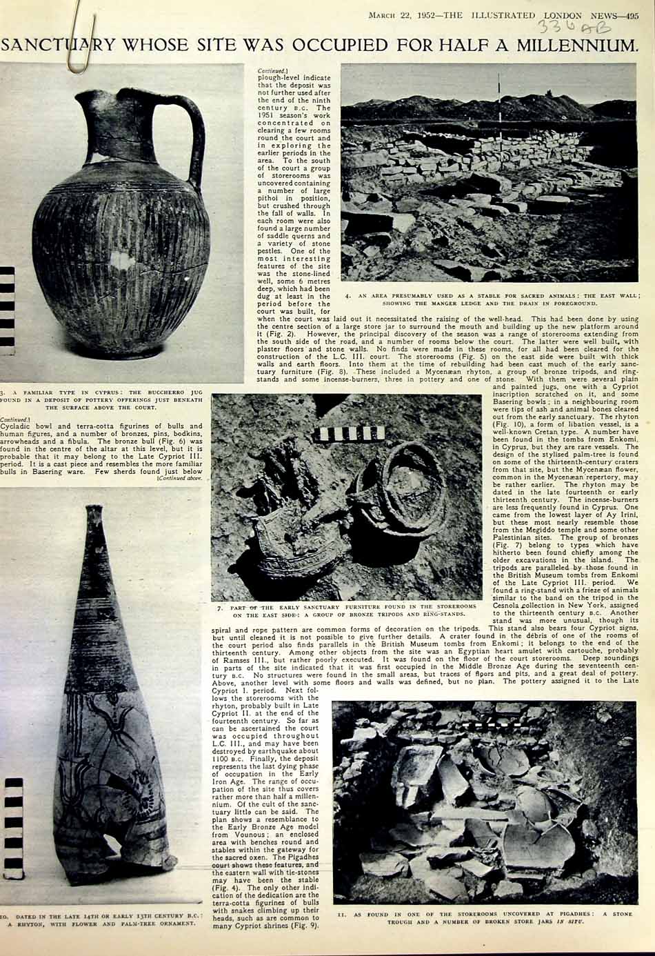 Old Vintage Print 1952 Bronze Age Cyprus Archaeology Buccherro Jug Jars 20th