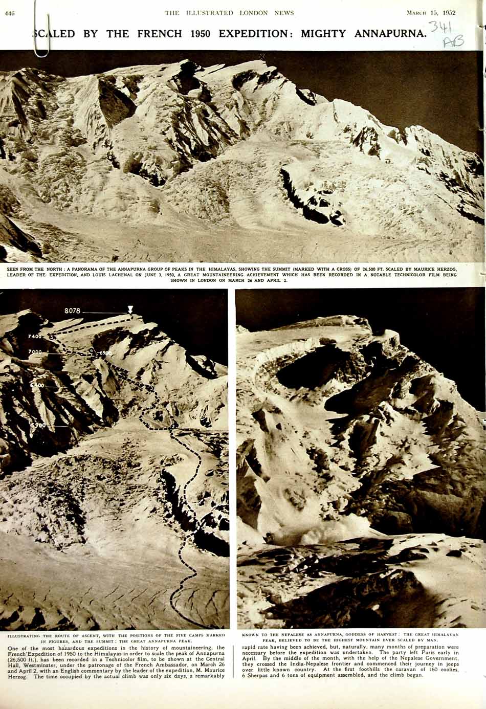 Old Vintage Print 1952 Annapurna Himalayas Mountains Messmer Deakin Men 20th