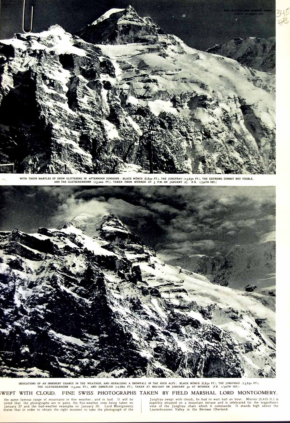 Antique Old Print 1952 Black Monch Swiss Alps Montgomery Ship Liberty Cat 20th