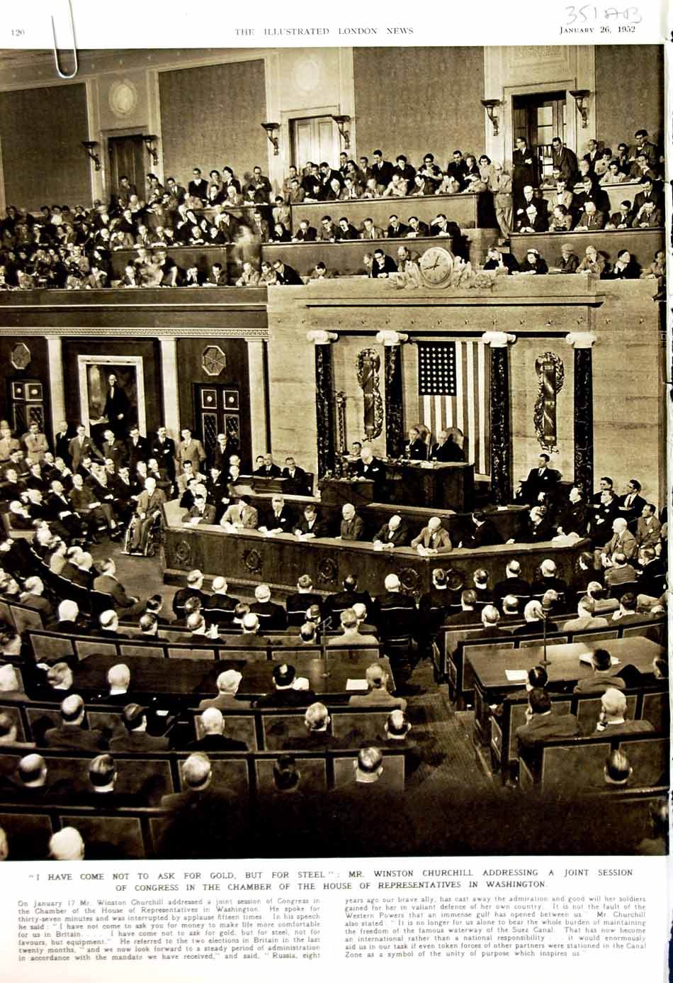 Old Vintage Print 1952 Churchill Congress Washington Hurst Horses Snow 20th