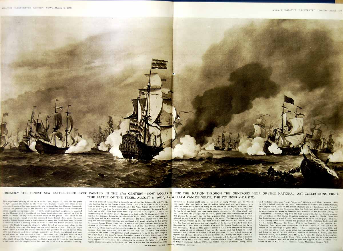 Antique Old Print 1952 Battle Texel Ships War William Vn De Velde Younger 20th