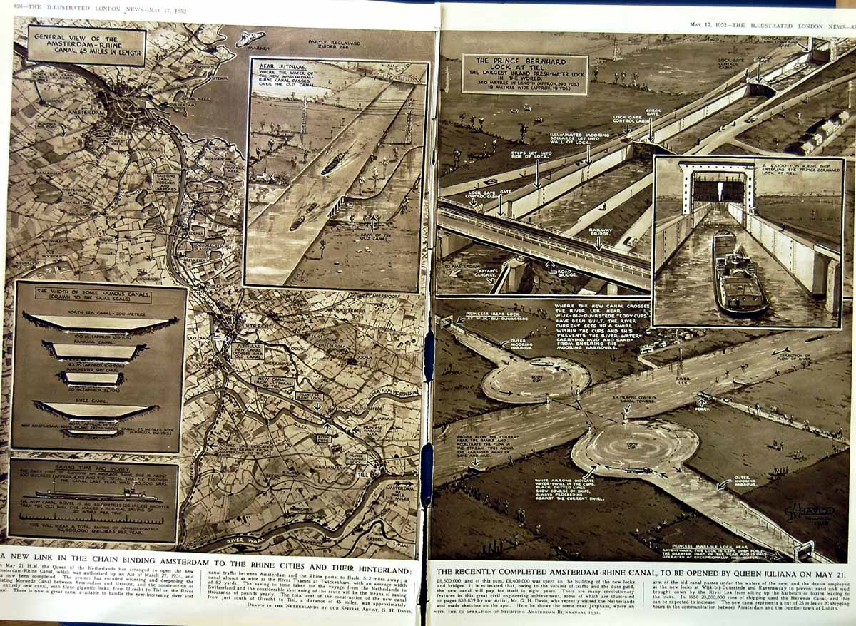 Original Old Vintage Print 1952 Amsterdam Rhine Canal Queen Juliana Hinterland