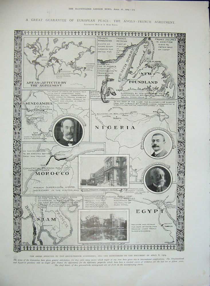 Old Antique Print 1904 Submarine Signals Munday Ship Anglo-French Peace 20th