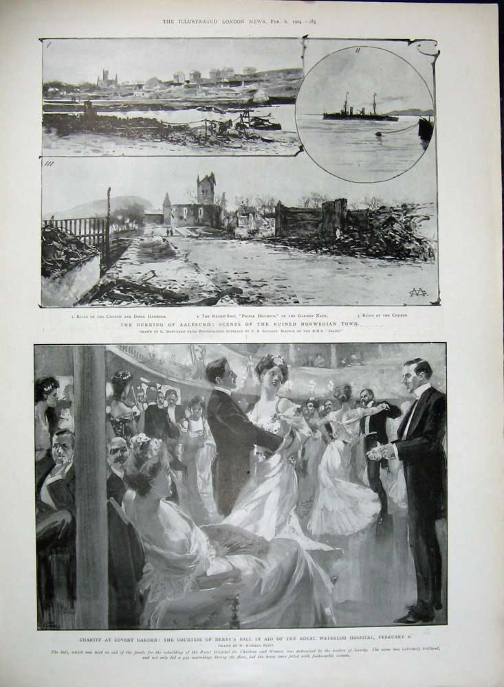Antique Old Print 1904 Fire Turin University Library Aalesund Covent Ball 20th