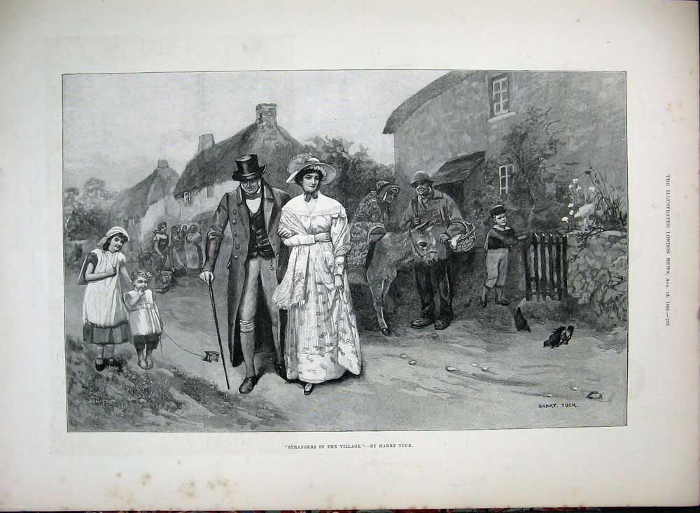 Old Antique Print 1892 Comedy Dogs Man Women Village Donkey Harry Tuck 19th