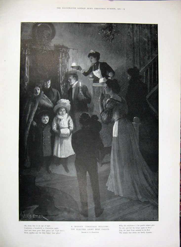 Original Old Antique Print 1902 Christmas Snow Woods Family Home Candle-Lights