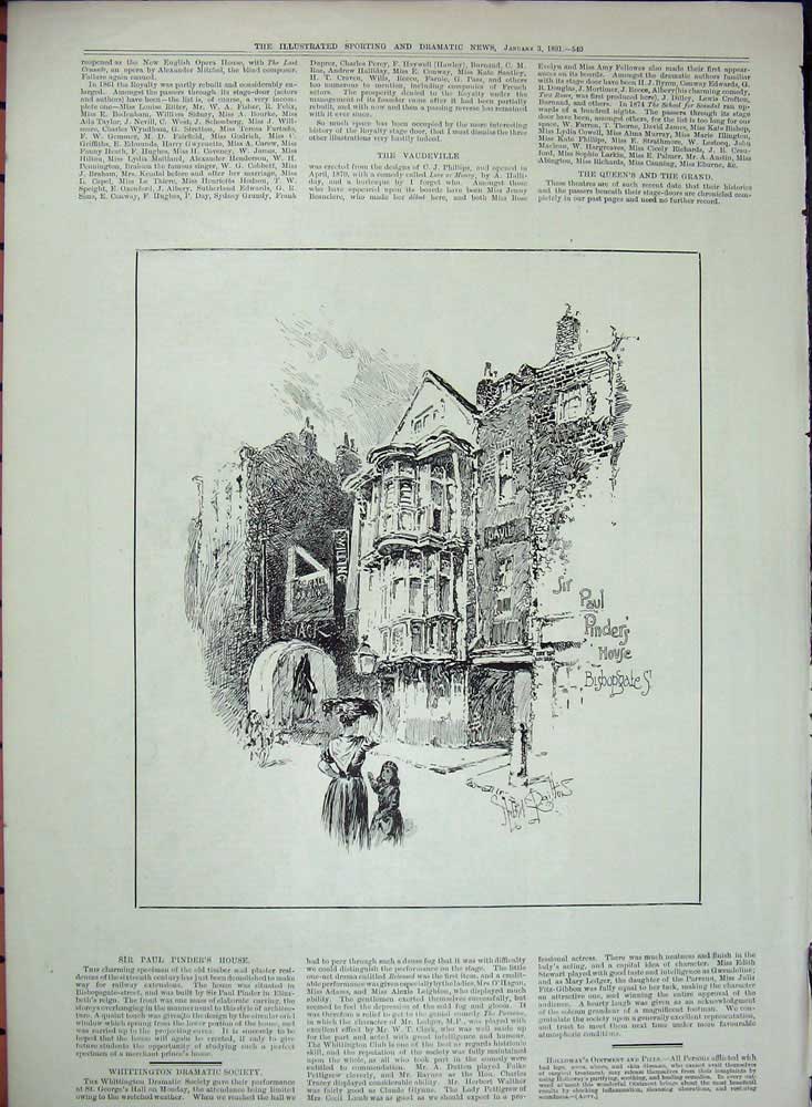 Original Old Antique Print 1891 Theatre Royalty Vaudeville Queens Grand Pinder