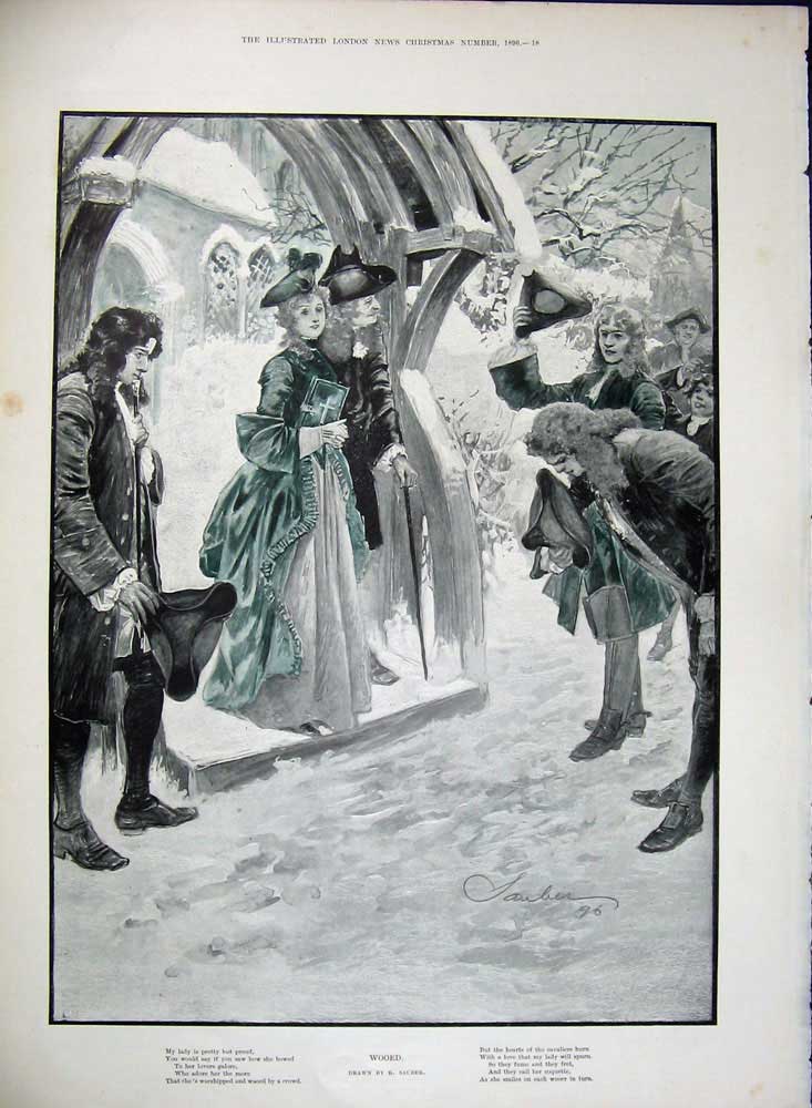 Antique Old Print 1896 Lady Manour Little Girl Church People Romance Snow 19th