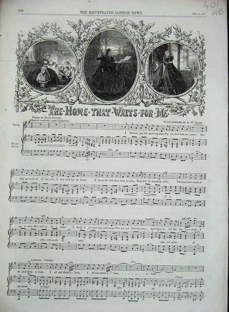Original Old Antique Print 1864 Sheet Music The Home That Waits For Me Balfe