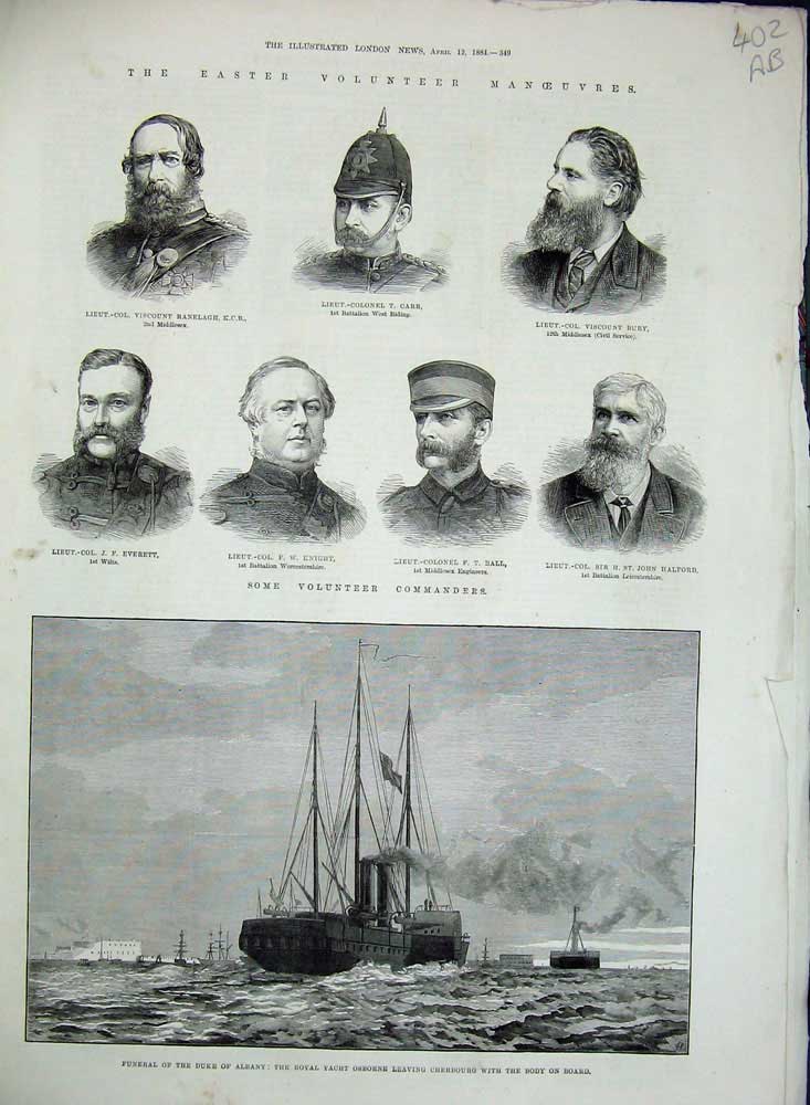 Antique Old Print 1884 Funeral Duke Albany Osborne Ship Ta Volunteer Army 19th