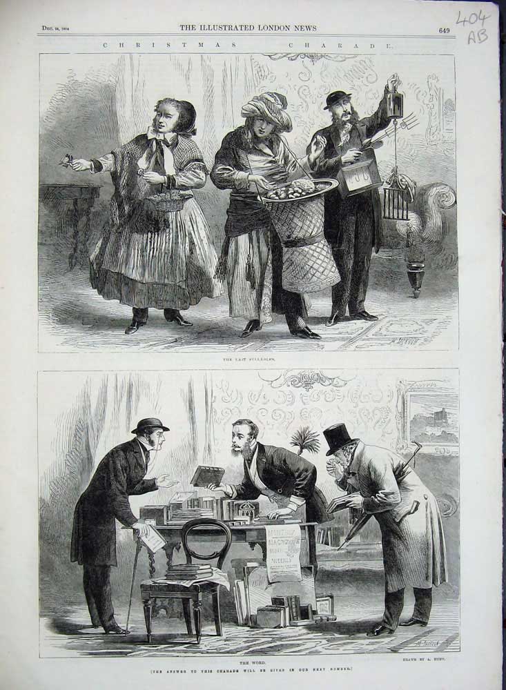 Antique Old Print 1864 Christmas Charade Syllables People Books Umbrellas 19th