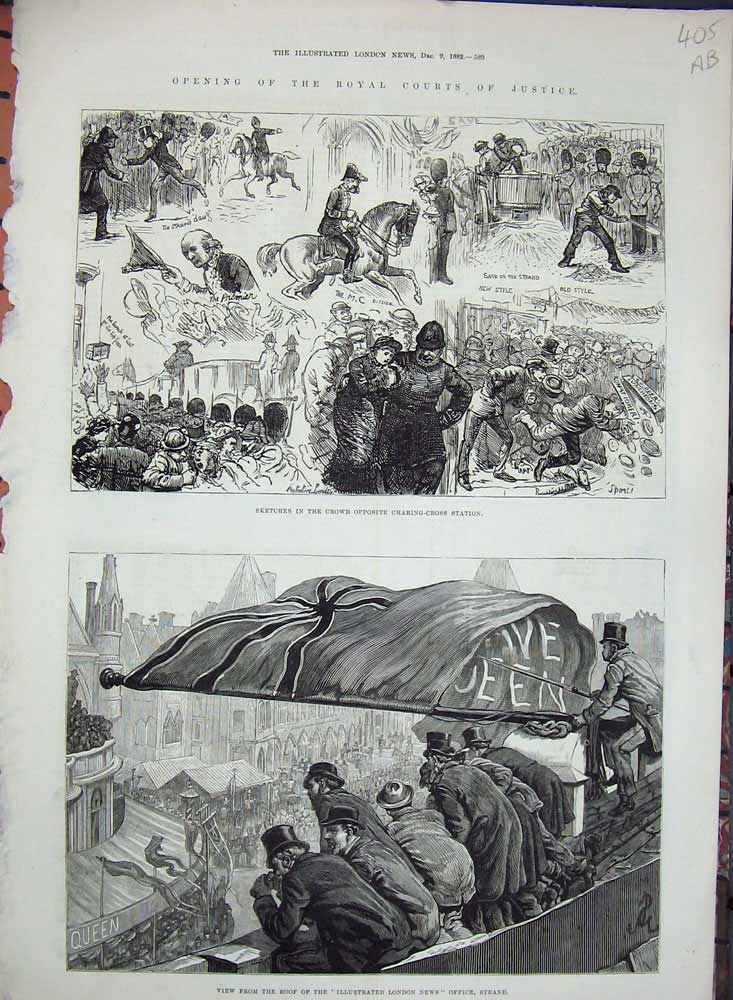 Original Old Antique Print 1882 Royal Courts Justice Strand Queen Dais Hall
