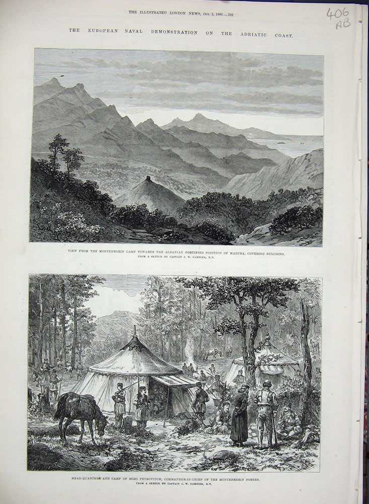 Original Old Antique Print 1880 Monternegrin Camp Petrovitch War Riza Antivari