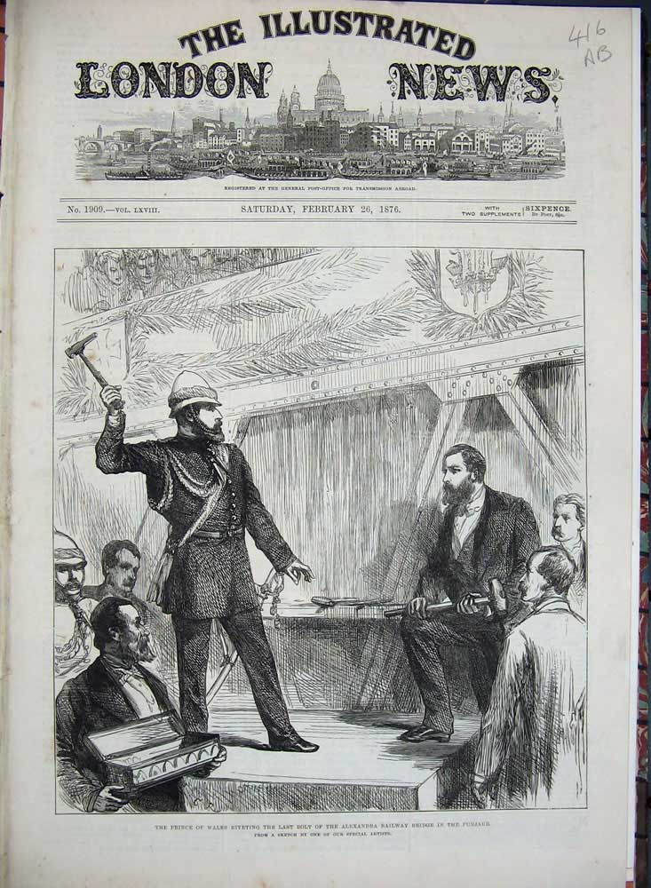 Antique Old Print 1876Prince Wales Alexandra Railway Bridge Punjaub Horse 19th