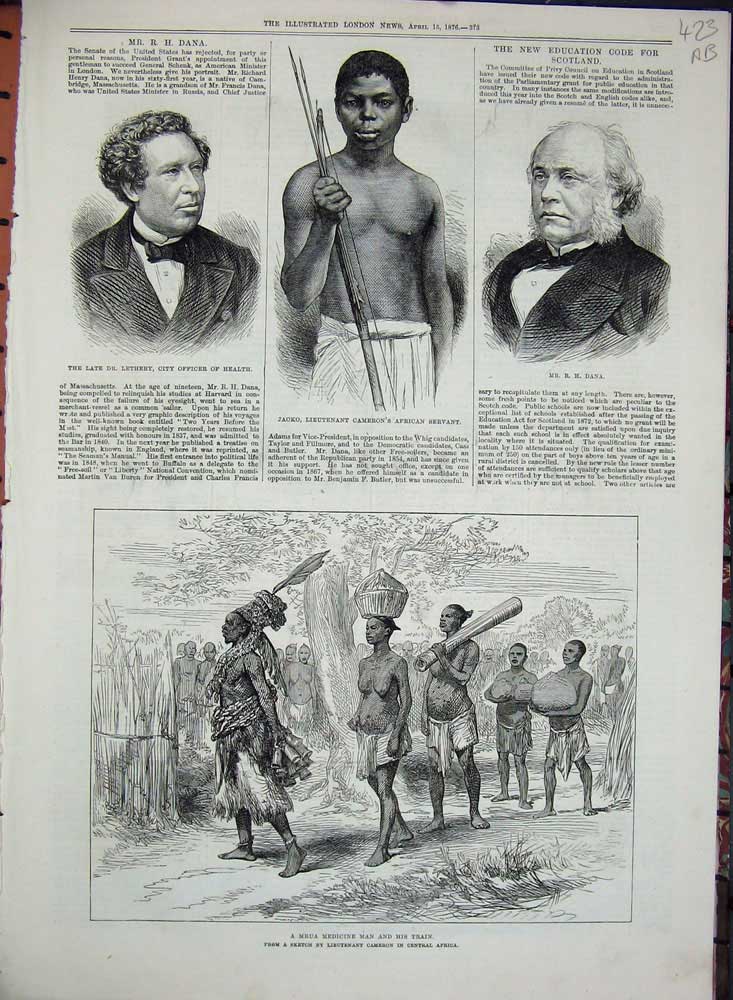 Old Antique Print 1876 Mrua Medicine Man Lieutenant Cameron Servant Dana 19th
