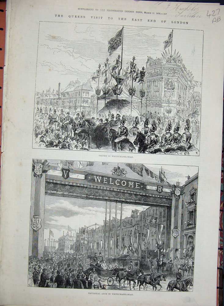 Old Antique Print 1876 Queen London Triumphal Arch Whitechapel Guildhall 19th