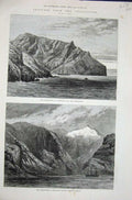 Antique Old Print 1876Challenger Ship Magellan Strait Cook Tahiti Noronha 19th