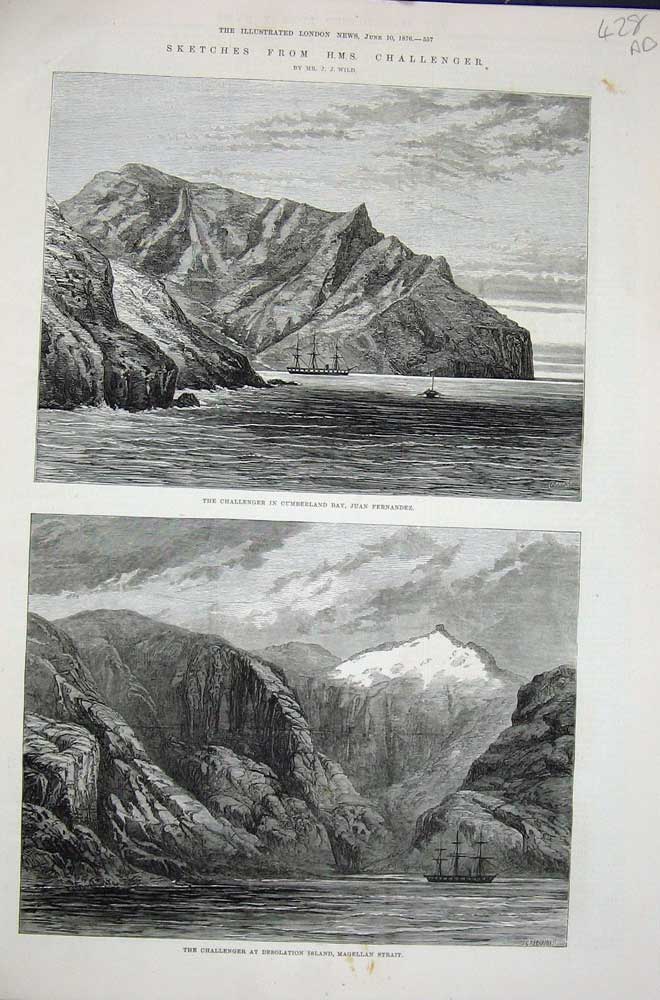 Antique Old Print 1876Challenger Ship Magellan Strait Cook Tahiti Noronha 19th