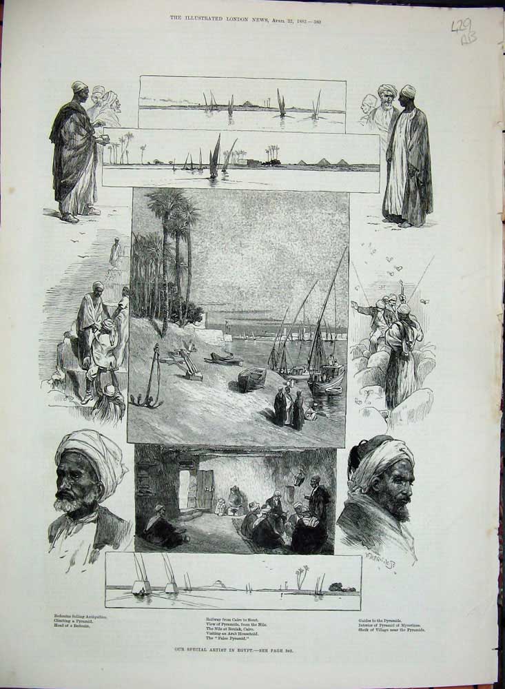 Old Antique Print 1882 Egypt Pyramid Nile Cairo Citadel Sakkarah Donkey 19th