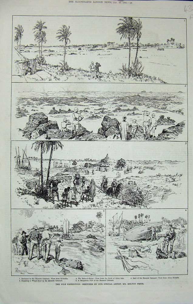 Old Antique Print 1885 Nile Egypt Hannek Cataract Abou Seir War Soudan 19th