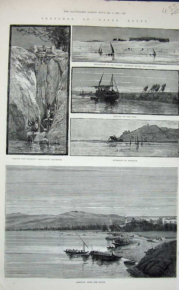 Antique Old Print 1883 Assouan Nile Egypt Sakieh Whale Boats Bab-El-Kebir 19th