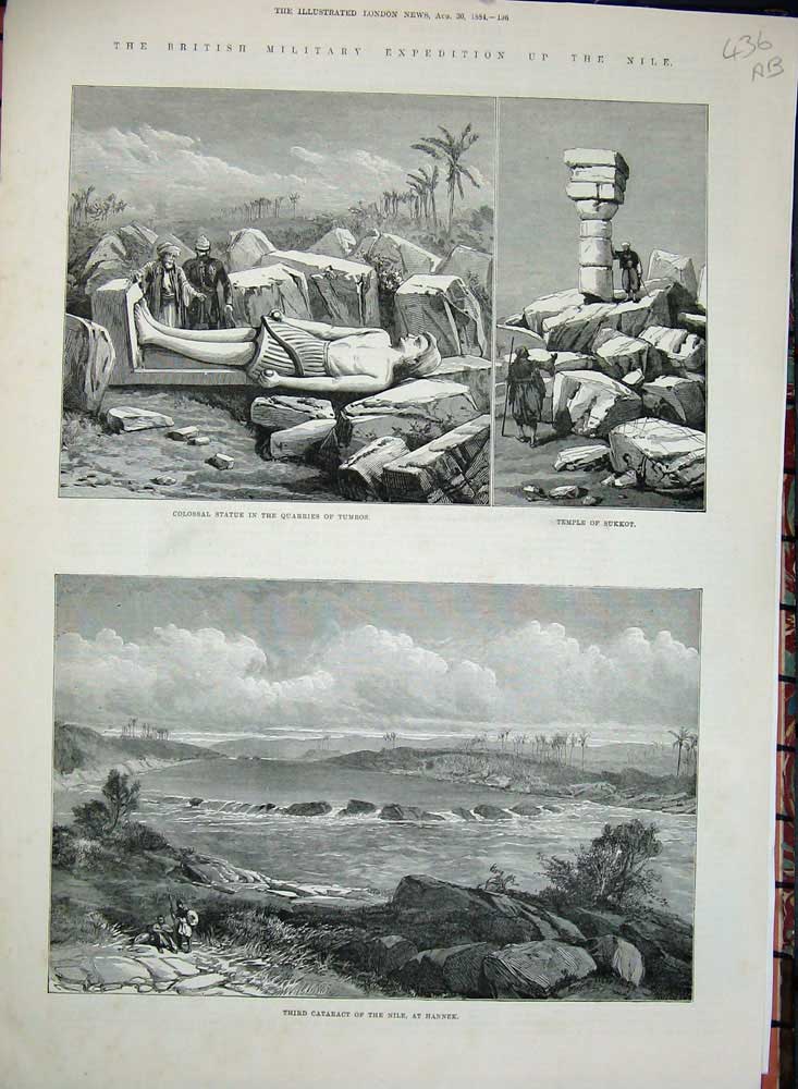 Old Antique Print 1884 Egypt Statue Tumbos Temple Sukkot Hannek Khartoum 19th
