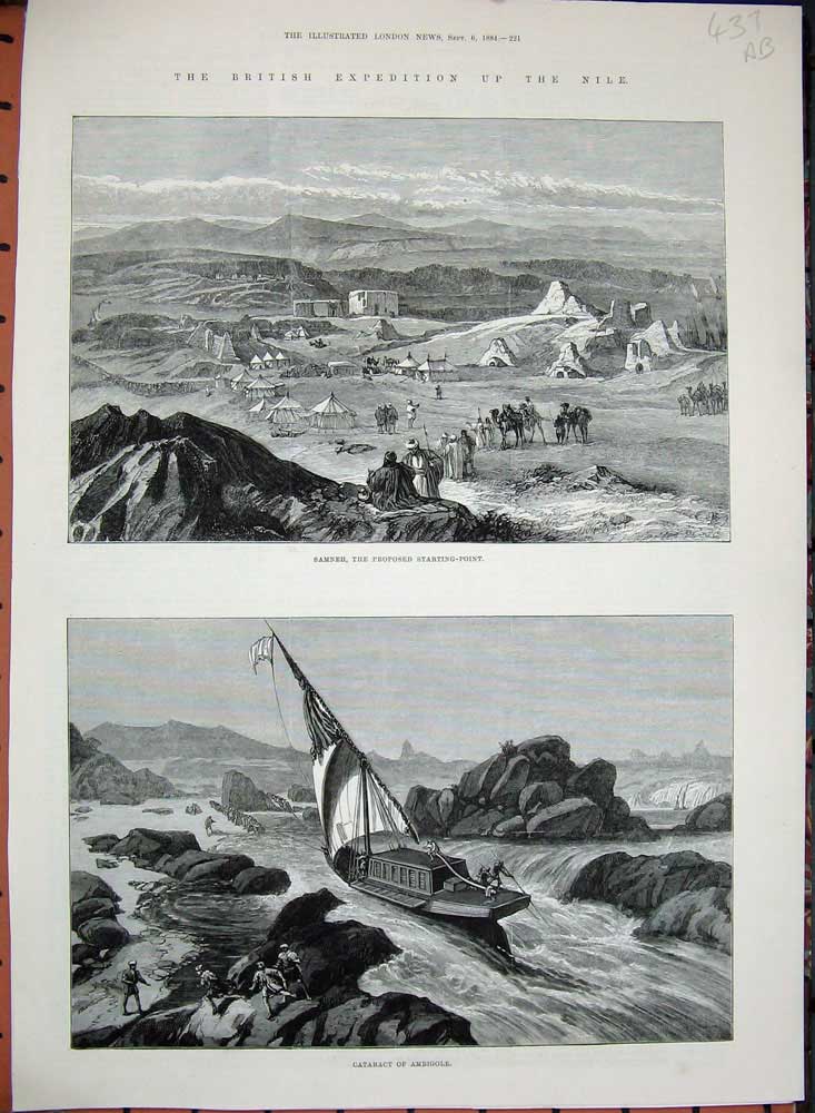 Old Antique Print 1884 Egypt Samneh Cataract Ambigole Whale Boats Kebir 19th