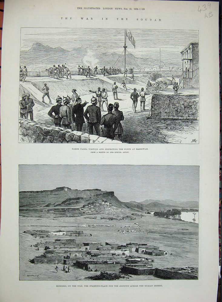 Antique Old Print 1884 War Soudan Baker Pasha Fort Massowah Pigeons Cairo 19th
