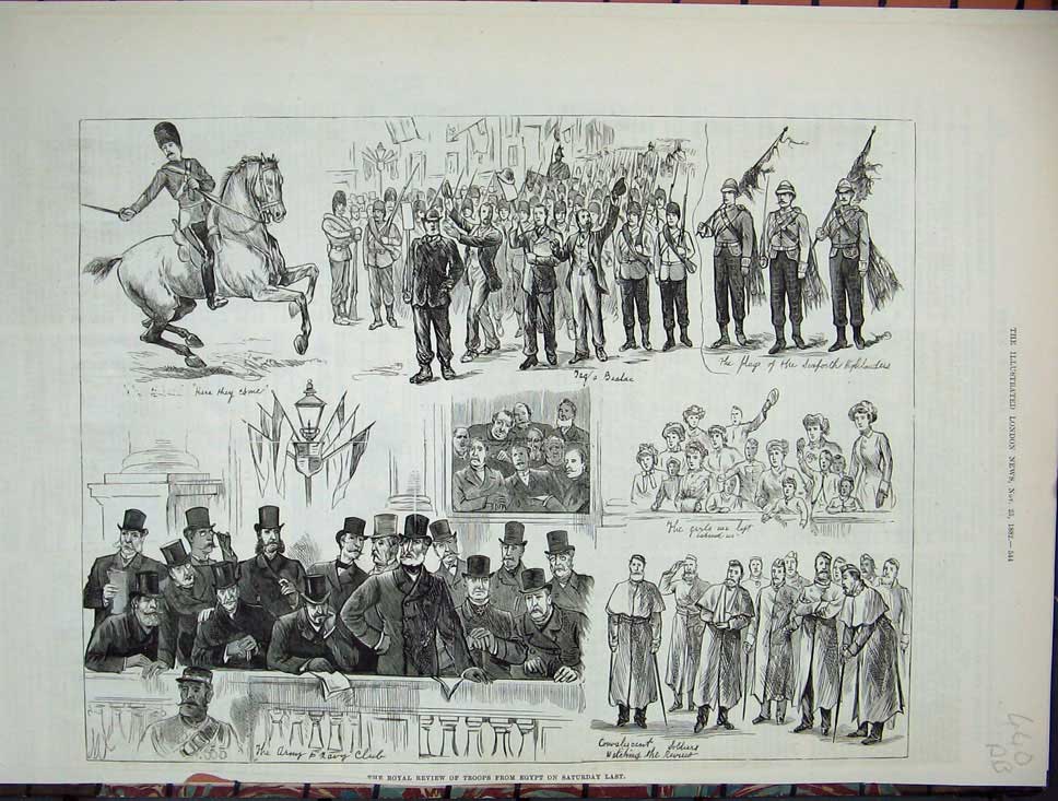 Original Old Antique Print 1882 Egypt Troops Siers Horses Trafalgar London War
