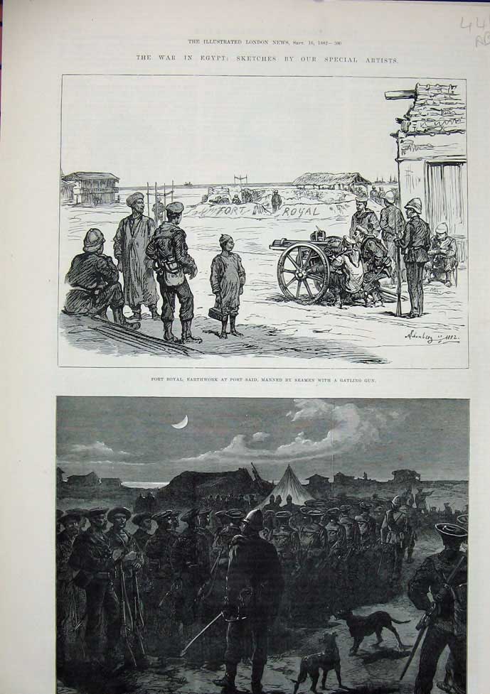 Original Old Antique Print 1882 War Egypt Fort Royal Port Said Siers Soudan
